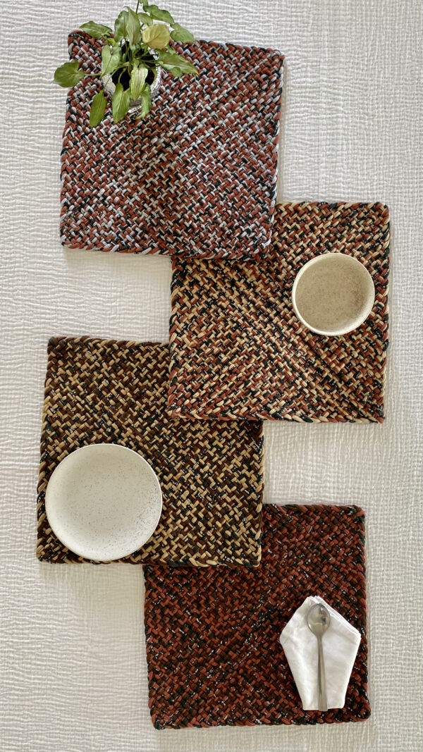 Set of 4 SQUARE WOVEN Blue Brown Maroon Light Grey